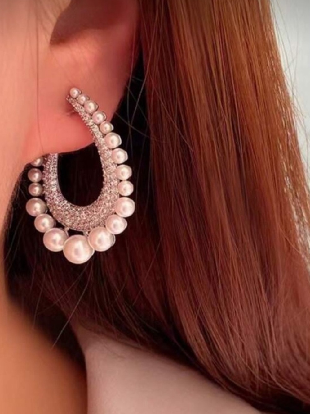 Anthropologie Pearl & Crystal Crescent Hoop Earrings - White